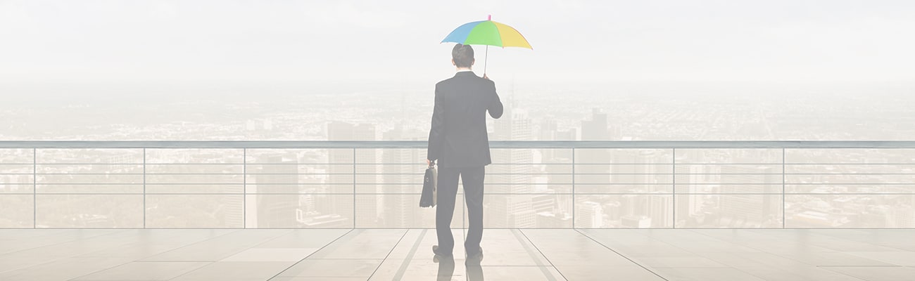 Back view of businessman with umbrella looking at city