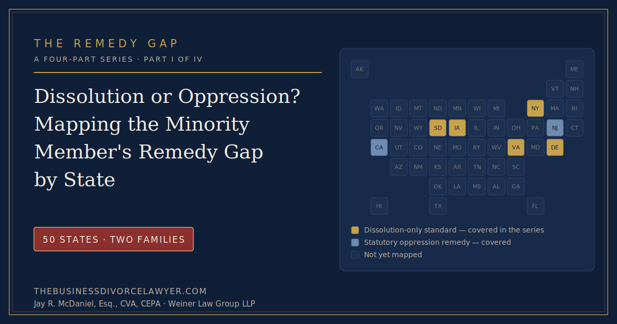 Tile map of U.S. states comparing LLC minority oppression remedies by state: dissolution-only jurisdictions versus statutory oppression remedies